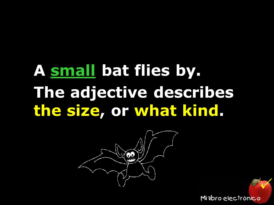 A small bat flies by. The adjective describes the size, or what kind.