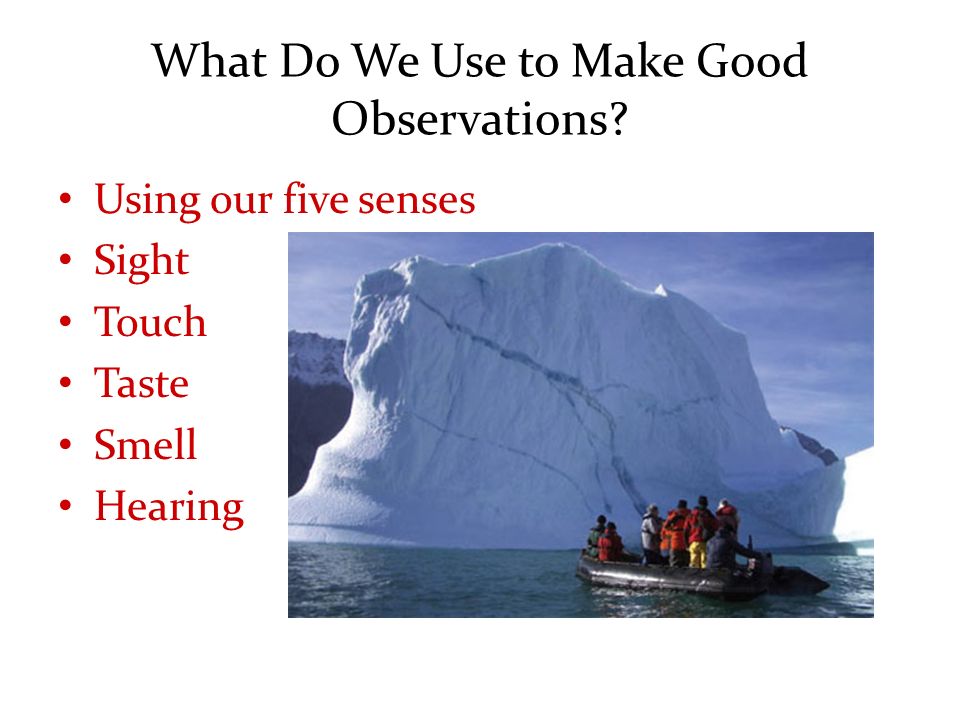 What Do We Use to Make Good Observations Using our five senses Sight Touch Taste Smell Hearing