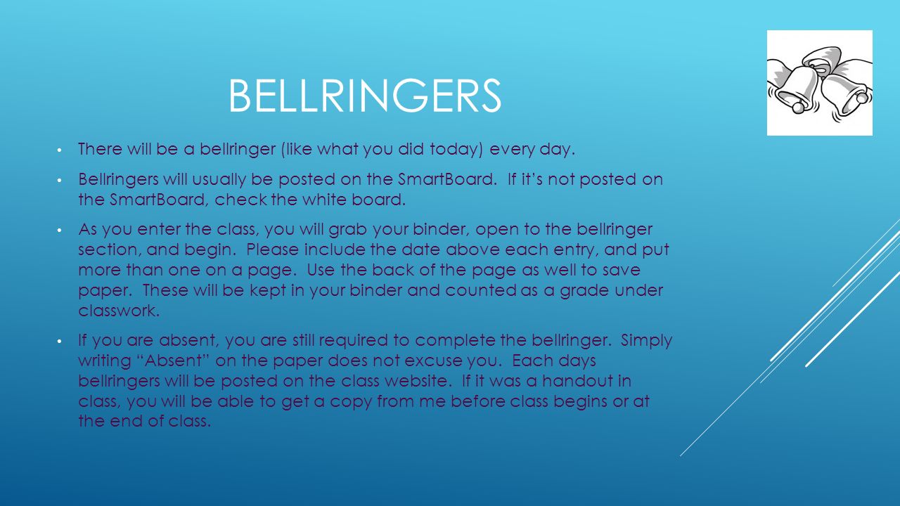 BELLRINGERS There will be a bellringer (like what you did today) every day.