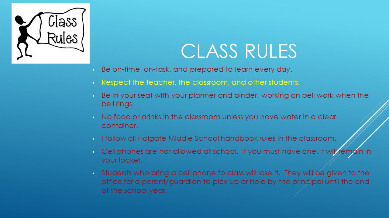 CLASS RULES Be on-time, on-task, and prepared to learn every day.