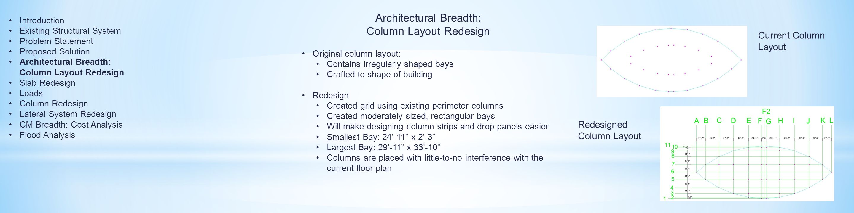 Architectural Breadth: Column Layout Redesign Current Column Layout Redesigned Column Layout Introduction Existing Structural System Problem Statement Proposed Solution Architectural Breadth: Column Layout Redesign Slab Redesign Loads Column Redesign Lateral System Redesign CM Breadth: Cost Analysis Flood Analysis Original column layout: Contains irregularly shaped bays Crafted to shape of building Redesign Created grid using existing perimeter columns Created moderately sized, rectangular bays Will make designing column strips and drop panels easier Smallest Bay: 24’-11 x 2’-3 Largest Bay: 29’-11 x 33’-10 Columns are placed with little-to-no interference with the current floor plan