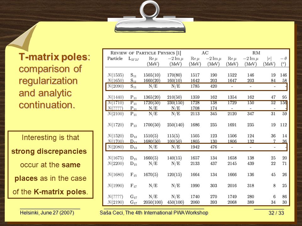 Helsinki, June 27 (2007)Saša Ceci, The 4th International PWA Workshop 32 / 33 T-matrix poles: comparison of regularization and analytic continuation.