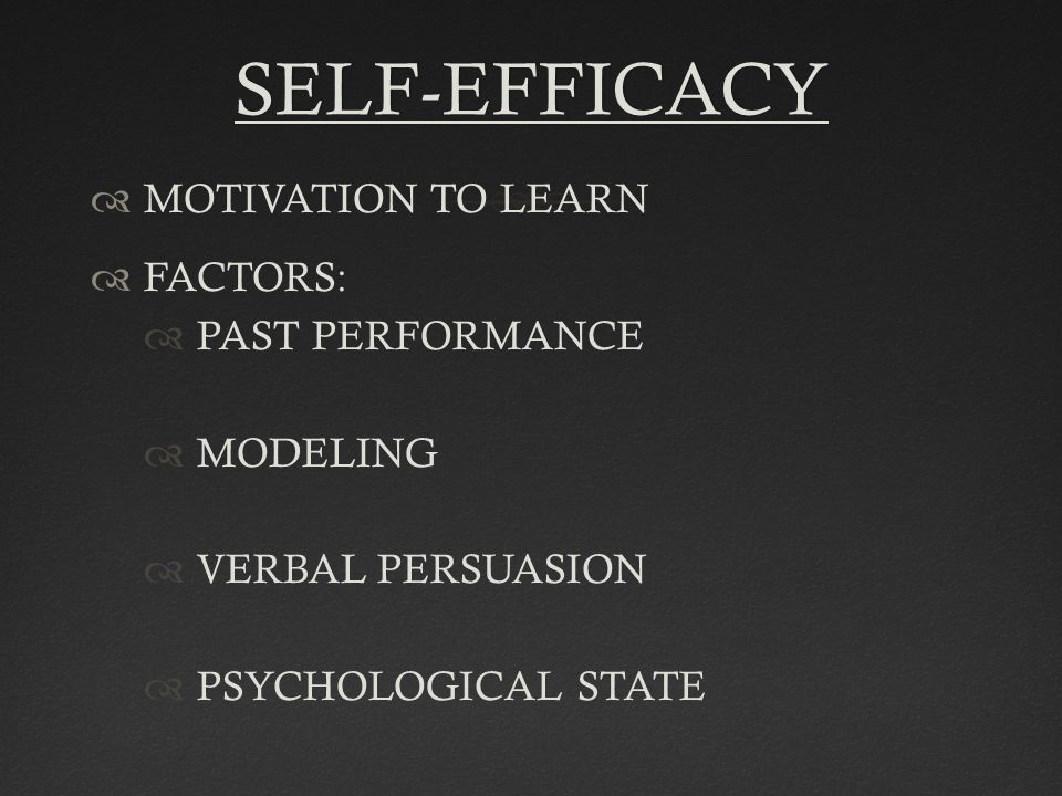 SELF-EFFICACY  MOTIVATION TO LEARN  FACTORS:  PAST PERFORMANCE  MODELING  VERBAL PERSUASION  PSYCHOLOGICAL STATE