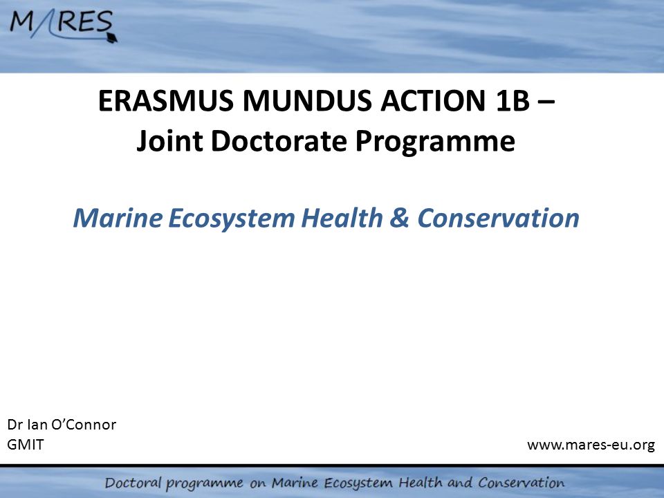 ERASMUS MUNDUS ACTION 1B – Joint Doctorate Programme Marine Ecosystem Health & Conservation Dr Ian O’Connor GMIT