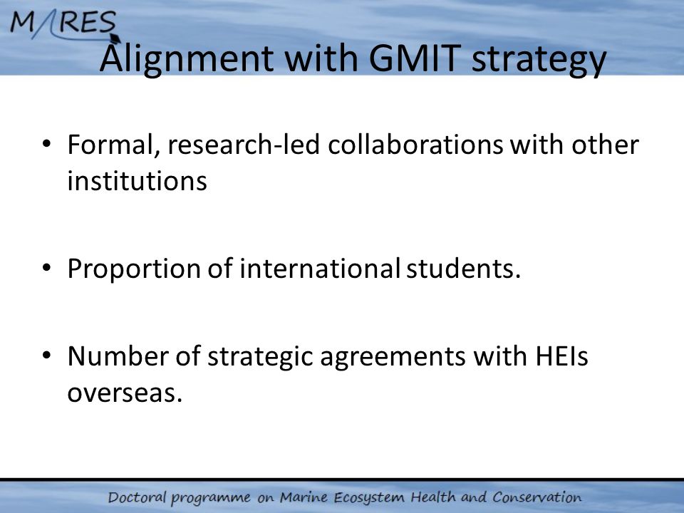 Alignment with GMIT strategy Formal, research-led collaborations with other institutions Proportion of international students.