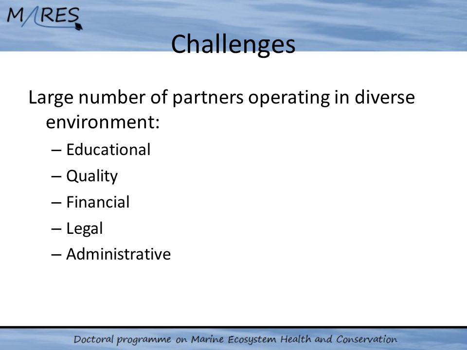 Challenges Large number of partners operating in diverse environment: – Educational – Quality – Financial – Legal – Administrative