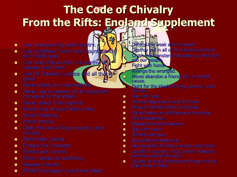 The Code of Chivalry From the Rifts: England Supplement Live to serve King and Country.