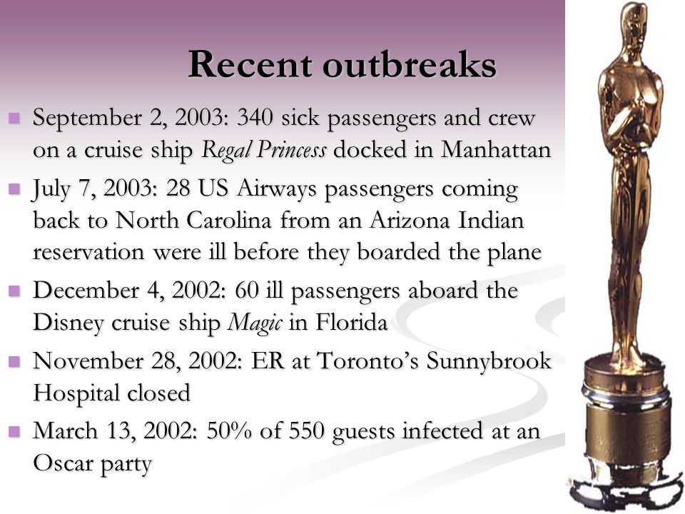 Recent outbreaks September 2, 2003: 340 sick passengers and crew on a cruise ship Regal Princess docked in Manhattan September 2, 2003: 340 sick passengers and crew on a cruise ship Regal Princess docked in Manhattan July 7, 2003: 28 US Airways passengers coming back to North Carolina from an Arizona Indian reservation were ill before they boarded the plane July 7, 2003: 28 US Airways passengers coming back to North Carolina from an Arizona Indian reservation were ill before they boarded the plane December 4, 2002: 60 ill passengers aboard the Disney cruise ship Magic in Florida December 4, 2002: 60 ill passengers aboard the Disney cruise ship Magic in Florida November 28, 2002: ER at Toronto’s Sunnybrook Hospital closed November 28, 2002: ER at Toronto’s Sunnybrook Hospital closed March 13, 2002: 50% of 550 guests infected at an Oscar party March 13, 2002: 50% of 550 guests infected at an Oscar party
