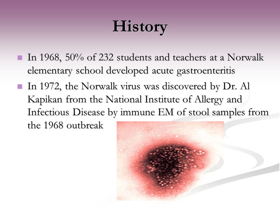 History In 1968, 50% of 232 students and teachers at a Norwalk elementary school developed acute gastroenteritis In 1968, 50% of 232 students and teachers at a Norwalk elementary school developed acute gastroenteritis In 1972, the Norwalk virus was discovered by Dr.