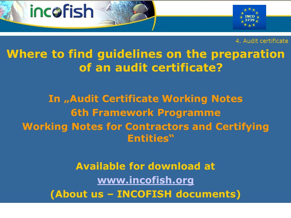 INCO Audit certificate Where to find guidelines on the preparation of an audit certificate.