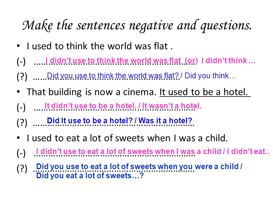 Make the sentences negative and questions. I used to think the world was flat.