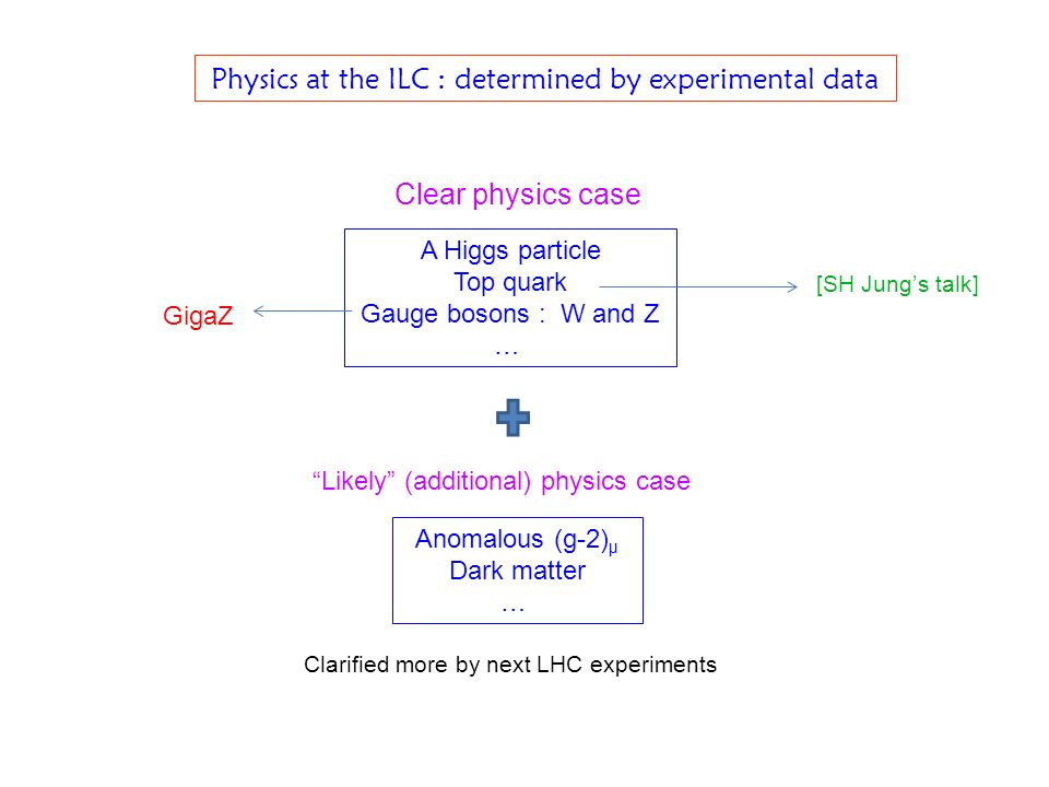 Physics at the ILC : determined by experimental data A Higgs particle Top quark Gauge bosons : W and Z … Clear physics case Likely (additional) physics case Anomalous (g-2) μ Dark matter … [SH Jung’s talk] Clarified more by next LHC experiments GigaZ