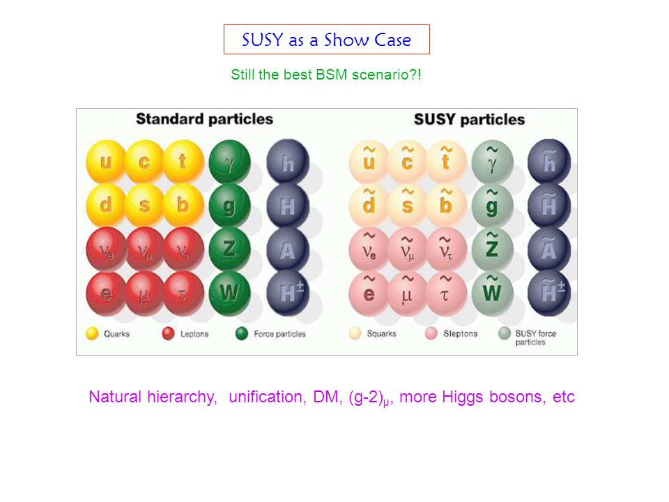 Natural hierarchy, unification, DM, (g-2) μ, more Higgs bosons, etc SUSY as a Show Case Still the best BSM scenario !