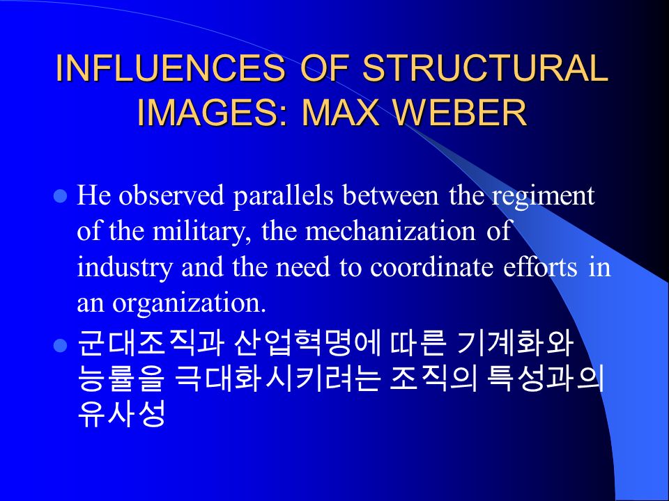 INFLUENCES OF STRUCTURAL IMAGES: MAX WEBER He observed parallels between the regiment of the military, the mechanization of industry and the need to coordinate efforts in an organization.