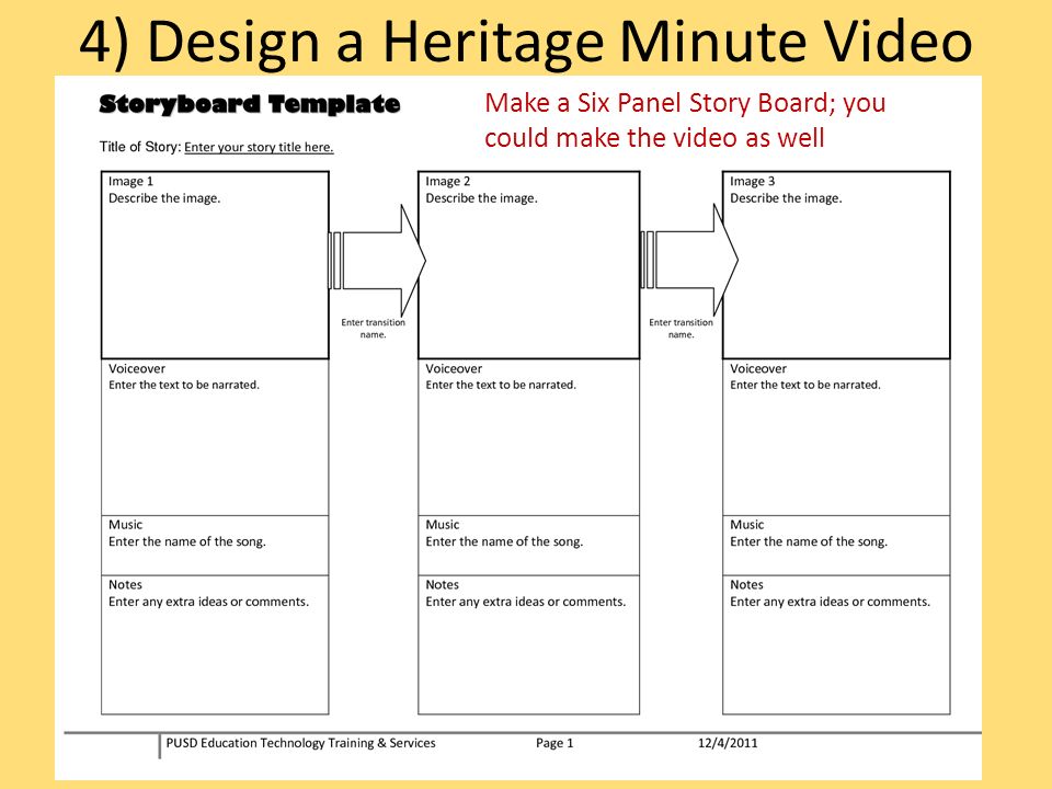 4) Design a Heritage Minute Video Make a Six Panel Story Board; you could make the video as well