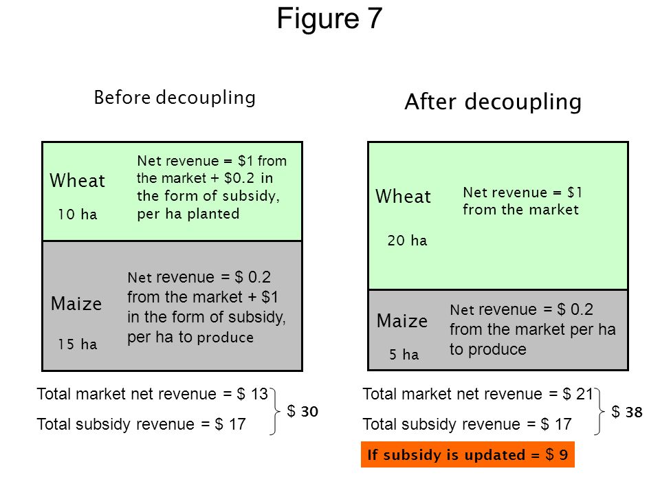Figure 7 Wheat Net revenue = $1 from the market + $ 0.2 in the form of subsidy, per ha planted Maize Net revenue = $ 0.2 from the market + $1 in the form of subsidy, per ha to produce Total market net revenue = $ 13 Total subsidy revenue = $ 17 Before decoupling After decoupling Wheat Net revenue = $1 from the market Maize Net revenue = $ 0.2 from the market per ha to produce Total market net revenue = $ 21 Total subsidy revenue = $ ha 15 ha 20 ha 5 ha If subsidy is updated = $ 9 $ 30 $ 38
