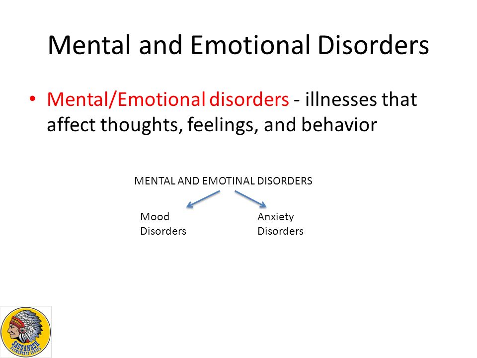 Mental and Emotional Disorders Mental/Emotional disorders - illnesses that affect thoughts, feelings, and behavior MENTAL AND EMOTINAL DISORDERS Mood Disorders Anxiety Disorders