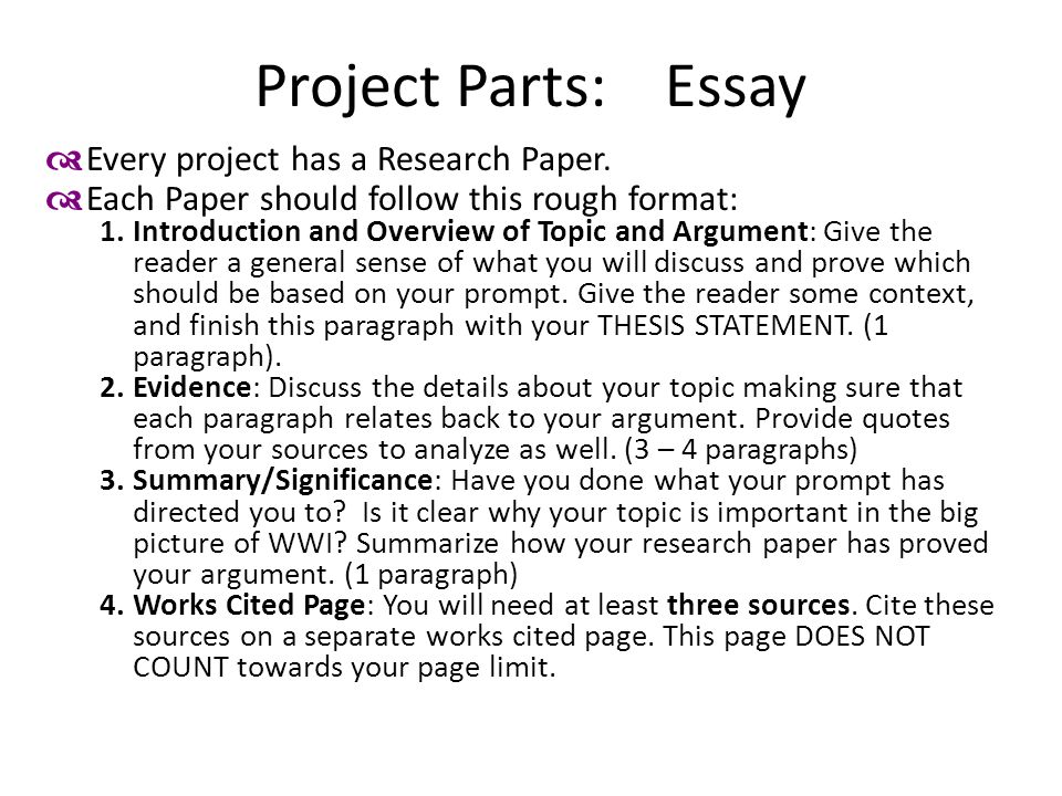Project Parts: Essay  Every project has a Research Paper.