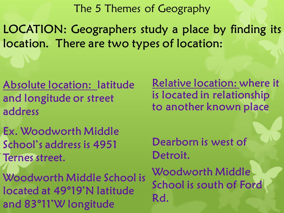 The 5 Themes of Geography LOCATION: Geographers study a place by finding its location.