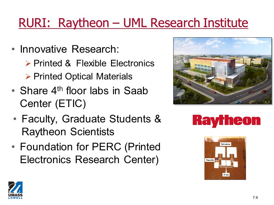RURI: Raytheon – UML Research Institute 7-6 Innovative Research:   Printed & Flexible Electronics   Printed Optical Materials Share 4 th floor labs in Saab Center (ETIC) Faculty, Graduate Students & Raytheon Scientists Foundation for PERC (Printed Electronics Research Center) Flexible Phased Array Antennas