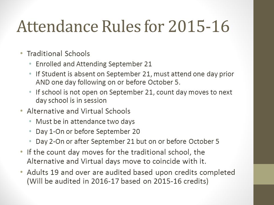 Attendance Rules for Traditional Schools Enrolled and Attending September 21 If Student is absent on September 21, must attend one day prior AND one day following on or before October 5.