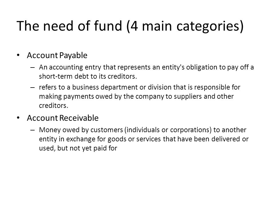 The need of fund (4 main categories) Account Payable – An accounting entry that represents an entity s obligation to pay off a short-term debt to its creditors.