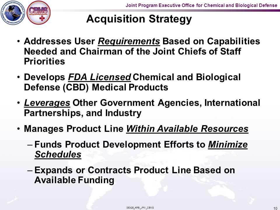 Joint Program Executive Office for Chemical and Biological Defense _APBI_JPM_CBMS 10 Acquisition Strategy Addresses User Requirements Based on Capabilities Needed and Chairman of the Joint Chiefs of Staff Priorities Develops FDA Licensed Chemical and Biological Defense (CBD) Medical Products Leverages Other Government Agencies, International Partnerships, and Industry Manages Product Line Within Available Resources –Funds Product Development Efforts to Minimize Schedules –Expands or Contracts Product Line Based on Available Funding