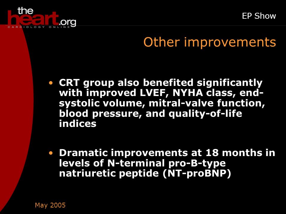 May 2005 EP Show Other improvements CRT group also benefited significantly with improved LVEF, NYHA class, end- systolic volume, mitral-valve function, blood pressure, and quality-of-life indices Dramatic improvements at 18 months in levels of N-terminal pro-B-type natriuretic peptide (NT-proBNP)