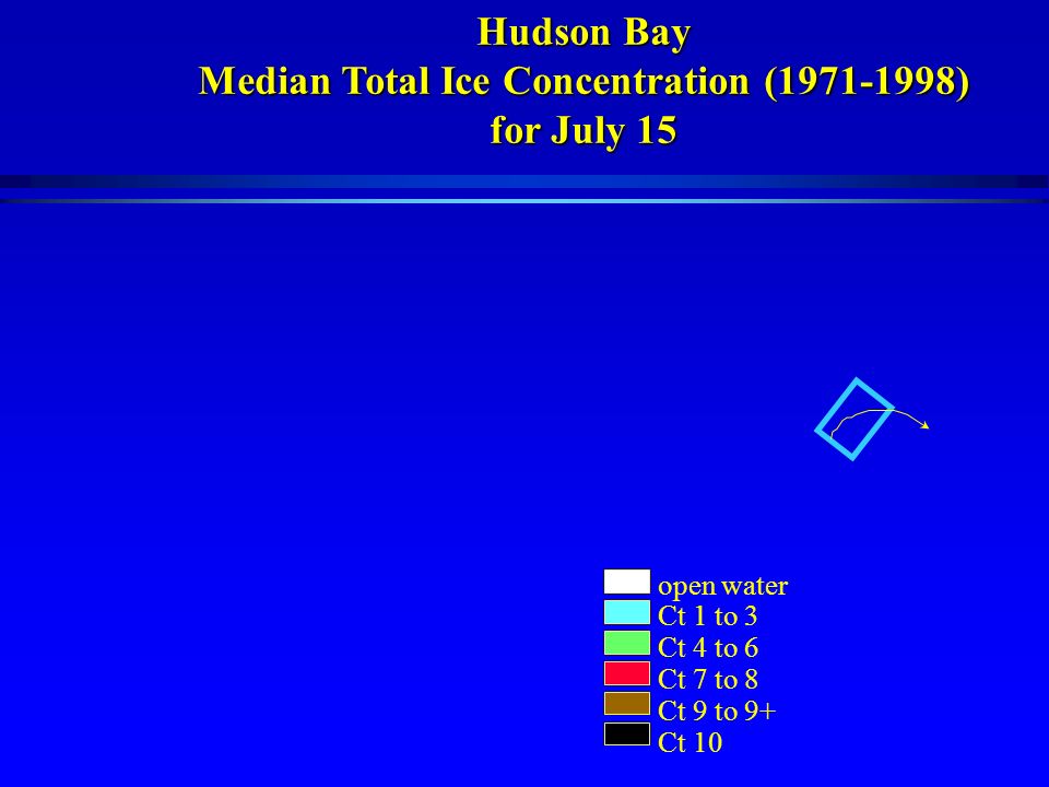 Hudson Bay Median Total Ice Concentration ( ) for July 15 open water Ct 1 to 3 Ct 4 to 6 Ct 7 to 8 Ct 9 to 9+ Ct 10