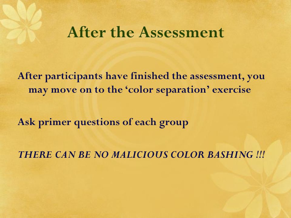 After the Assessment After participants have finished the assessment, you may move on to the ‘color separation’ exercise Ask primer questions of each group THERE CAN BE NO MALICIOUS COLOR BASHING !!!