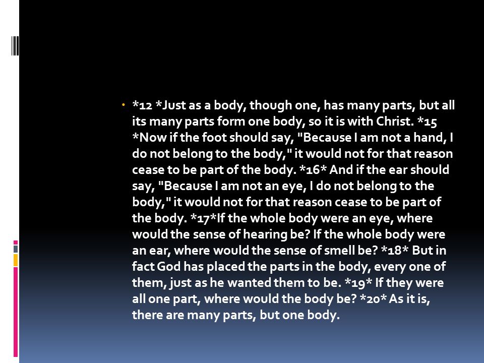  *12 *Just as a body, though one, has many parts, but all its many parts form one body, so it is with Christ.