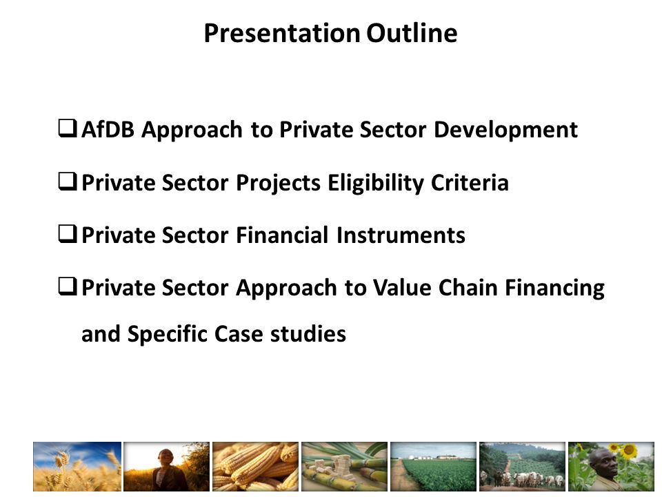  AfDB Approach to Private Sector Development  Private Sector Projects Eligibility Criteria  Private Sector Financial Instruments  Private Sector Approach to Value Chain Financing and Specific Case studies Presentation Outline