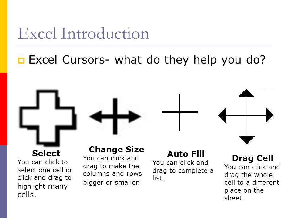 Excel Introduction  Excel Cursors- what do they help you do.