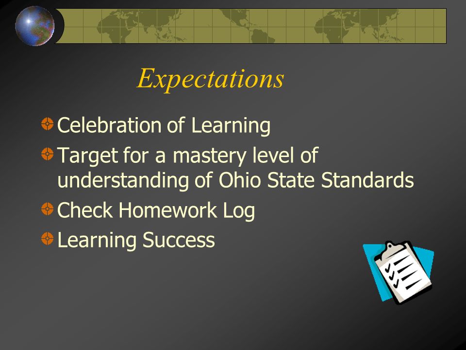 Expectations Celebration of Learning Target for a mastery level of understanding of Ohio State Standards Check Homework Log Learning Success