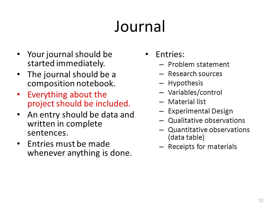 Journal Your journal should be started immediately.