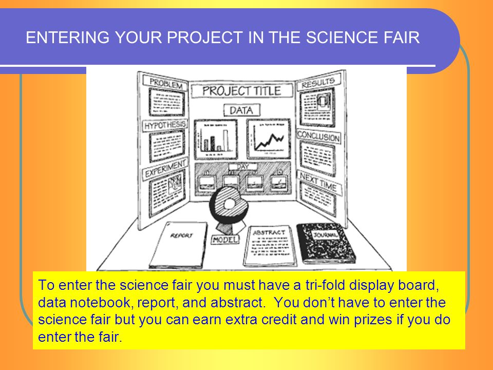To enter the science fair you must have a tri-fold display board, data notebook, report, and abstract.