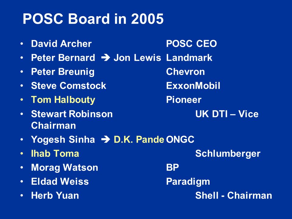 POSC Board in 2005 David ArcherPOSC CEO Peter Bernard  Jon LewisLandmark Peter BreunigChevron Steve ComstockExxonMobil Tom HalboutyPioneer Stewart RobinsonUK DTI – Vice Chairman Yogesh Sinha  D.K.