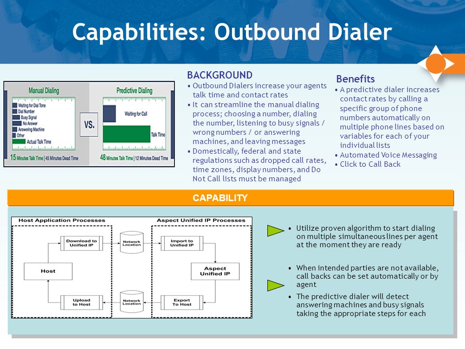 2 Capabilities: Outbound Dialer CAPABILITY BACKGROUND Outbound Dialers increase your agents talk time and contact rates It can streamline the manual dialing process; choosing a number, dialing the number, listening to busy signals / wrong numbers / or answering machines, and leaving messages Domestically, federal and state regulations such as dropped call rates, time zones, display numbers, and Do Not Call lists must be managed Benefits A predictive dialer increases contact rates by calling a specific group of phone numbers automatically on multiple phone lines based on variables for each of your individual lists Automated Voice Messaging Click to Call Back Utilize proven algorithm to start dialing on multiple simultaneous lines per agent at the moment they are ready When intended parties are not available, call backs can be set automatically or by agent The predictive dialer will detect answering machines and busy signals taking the appropriate steps for each