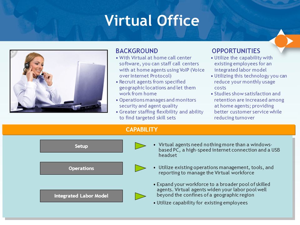 3 Virtual Office CAPABILITY BACKGROUND With Virtual at home call center software, you can staff call centers with at home agents using VoIP (Voice over Internet Protocol) Recruit agents from specified geographic locations and let them work from home Operations manages and monitors security and agent quality Greater staffing flexibility and ability to find targeted skill sets OPPORTUNITIES Utilize the capability with existing employees for an integrated labor model Utilizing this technology you can reduce your monthly usage costs Studies show satisfaction and retention are increased among at home agents; providing better customer service while reducing turnover Virtual agents need nothing more than a windows- based PC, a high-speed internet connection and a USB headset Expand your workforce to a broader pool of skilled agents.