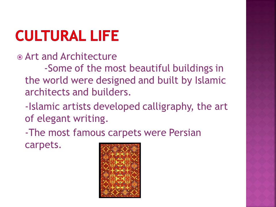  Art and Architecture -Some of the most beautiful buildings in the world were designed and built by Islamic architects and builders.