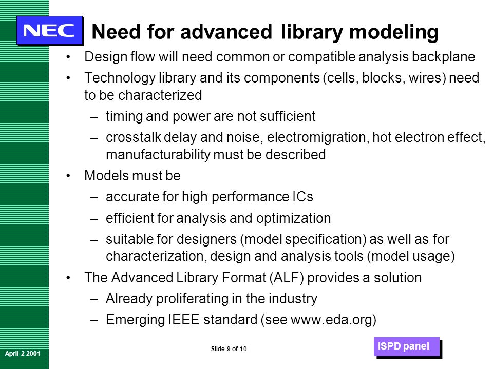 ISPD panel April Slide 9 of 10 Need for advanced library modeling Design flow will need common or compatible analysis backplane Technology library and its components (cells, blocks, wires) need to be characterized –timing and power are not sufficient –crosstalk delay and noise, electromigration, hot electron effect, manufacturability must be described Models must be –accurate for high performance ICs –efficient for analysis and optimization –suitable for designers (model specification) as well as for characterization, design and analysis tools (model usage) The Advanced Library Format (ALF) provides a solution –Already proliferating in the industry –Emerging IEEE standard (see
