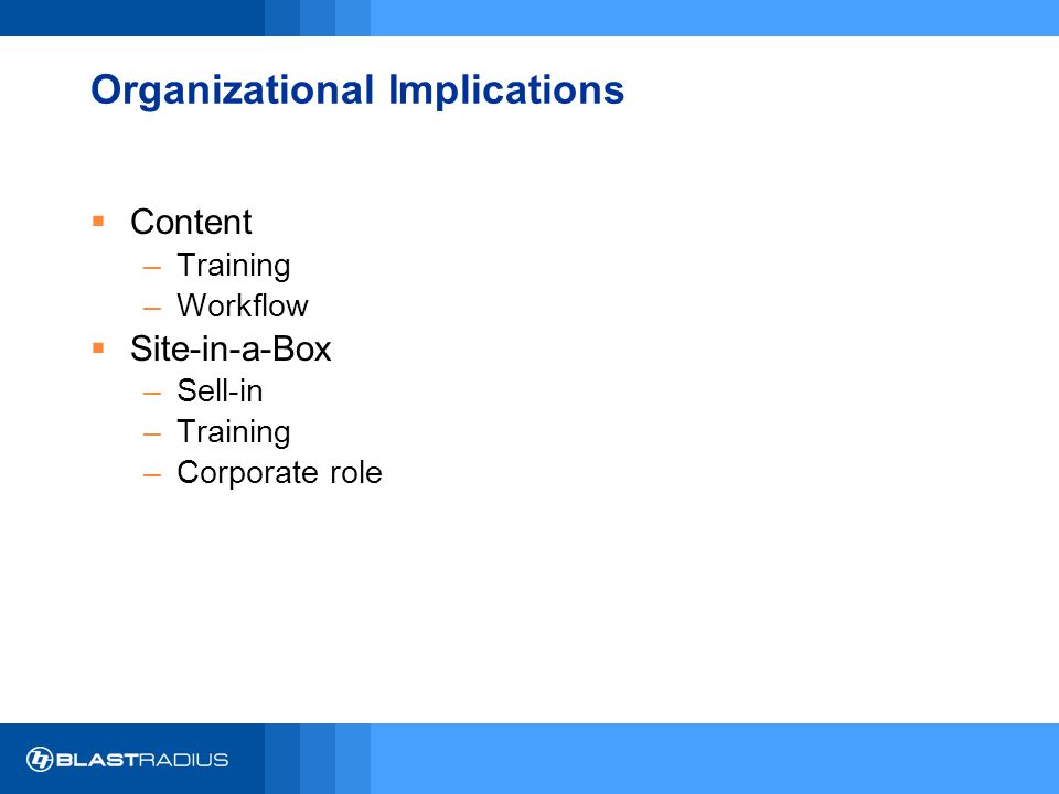 Organizational Implications  Content –Training –Workflow  Site-in-a-Box –Sell-in –Training –Corporate role
