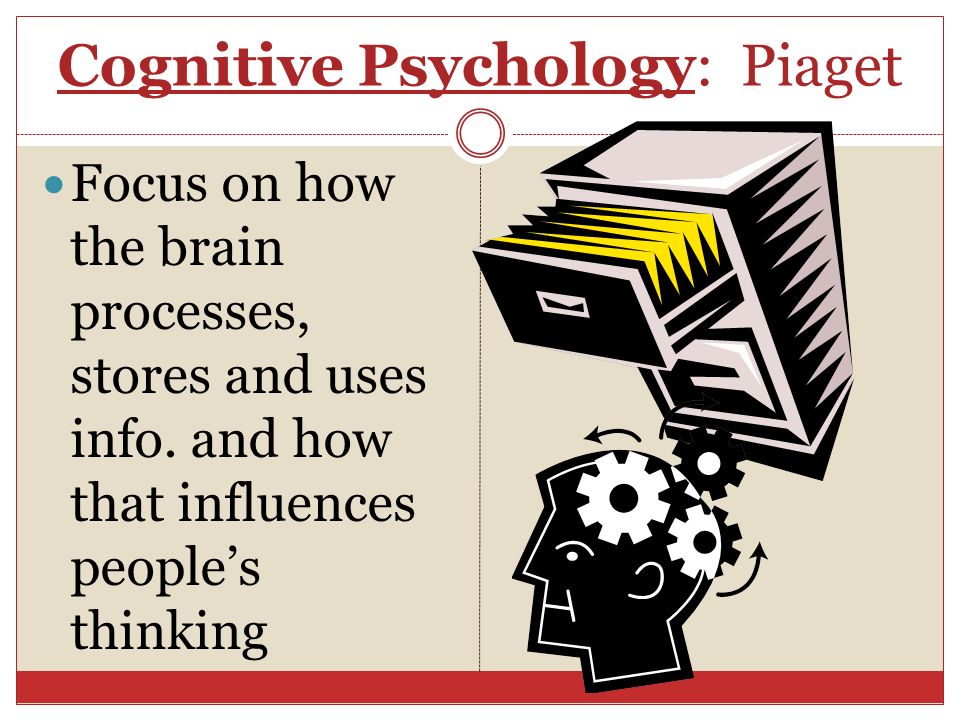 Cognitive Psychology: Piaget Focus on how the brain processes, stores and uses info.