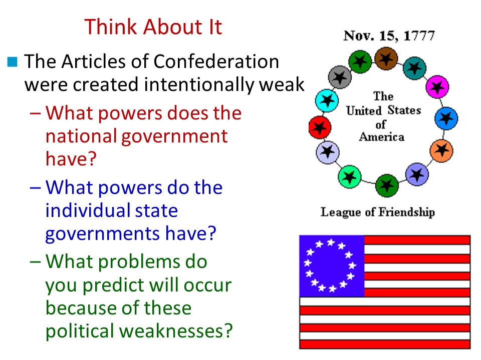Think About It The Articles of Confederation were created intentionally weak –What powers does the national government have.