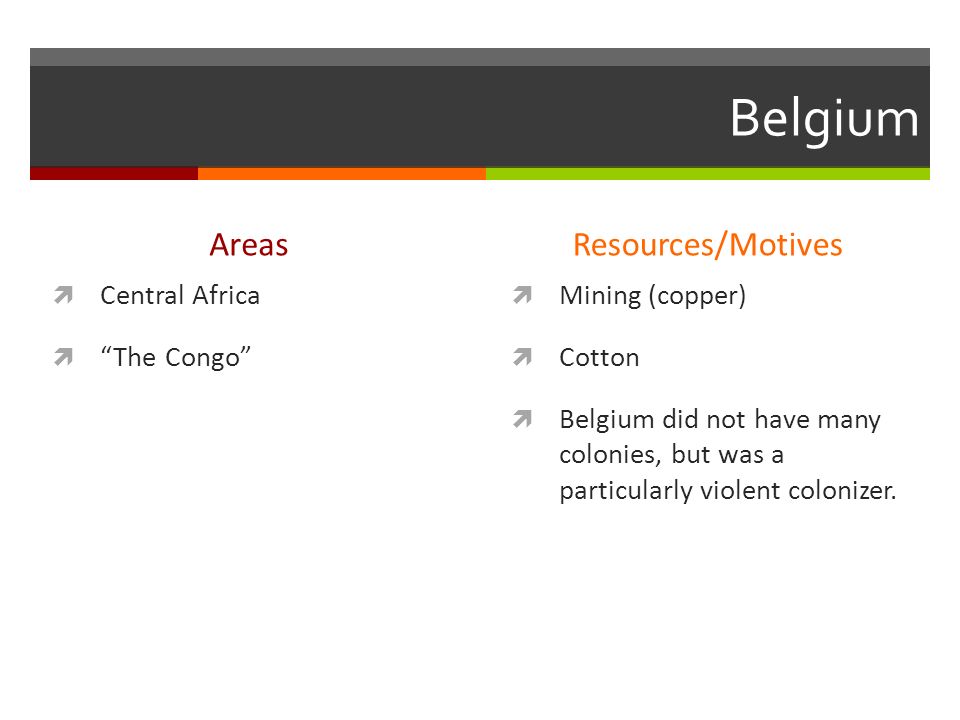 Belgium Areas  Central Africa  The Congo Resources/Motives  Mining (copper)  Cotton  Belgium did not have many colonies, but was a particularly violent colonizer.