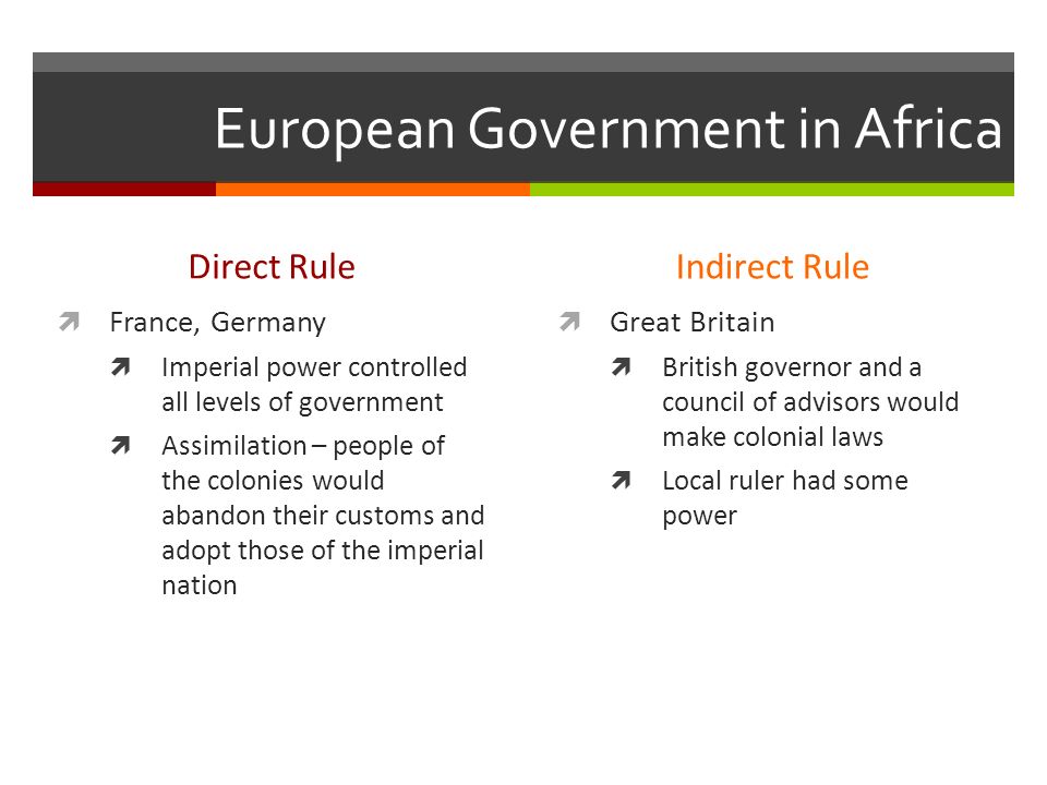 European Government in Africa Direct Rule  France, Germany  Imperial power controlled all levels of government  Assimilation – people of the colonies would abandon their customs and adopt those of the imperial nation Indirect Rule  Great Britain  British governor and a council of advisors would make colonial laws  Local ruler had some power