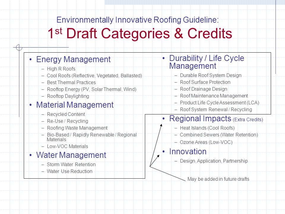 Energy Management –High R Roofs –Cool Roofs (Reflective, Vegetated, Ballasted) –Best Thermal Practices –Rooftop Energy (PV, Solar Thermal, Wind) –Rooftop Daylighting Material Management –Recycled Content –Re-Use / Recycling –Roofing Waste Management –Bio-Based / Rapidly Renewable / Regional Materials –Low-VOC Materials Water Management –Storm Water Retention –Water Use Reduction Environmentally Innovative Roofing Guideline: 1 st Draft Categories & Credits Durability / Life Cycle Management –Durable Roof System Design –Roof Surface Protection –Roof Drainage Design –Roof Maintenance Management –Product Life Cycle Assessment (LCA) –Roof System Renewal / Recycling Regional Impacts (Extra Credits) –Heat Islands (Cool Roofs) –Combined Sewers (Water Retention) –Ozone Areas (Low-VOC) Innovation –Design, Application, Partnership May be added in future drafts
