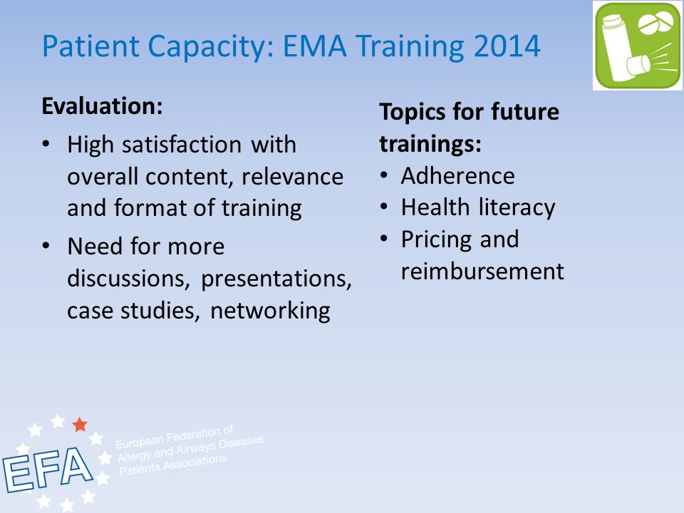Patient Capacity: EMA Training 2014 Evaluation: High satisfaction with overall content, relevance and format of training Need for more discussions, presentations, case studies, networking Topics for future trainings: Adherence Health literacy Pricing and reimbursement