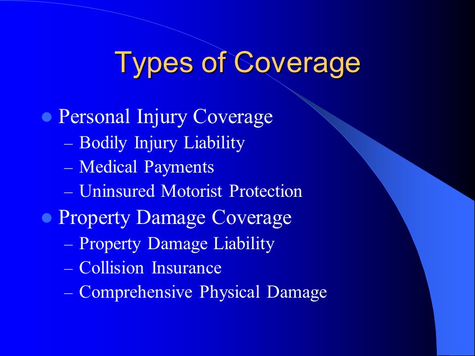 Types of Coverage Personal Injury Coverage – Bodily Injury Liability – Medical Payments – Uninsured Motorist Protection Property Damage Coverage – Property Damage Liability – Collision Insurance – Comprehensive Physical Damage
