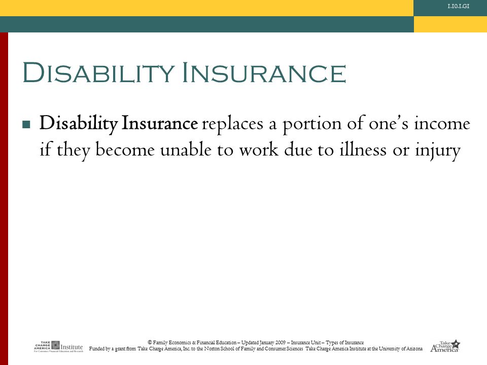 © Family Economics & Financial Education – Updated January 2009 – Insurance Unit – Types of Insurance Funded by a grant from Take Charge America, Inc.